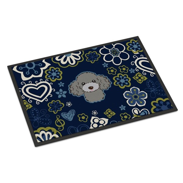 Carolines Treasures 18 x 27 in. Blue Flowers Silver & Gray Poodle Indoor or Outdoor Mat BB5110MAT - main